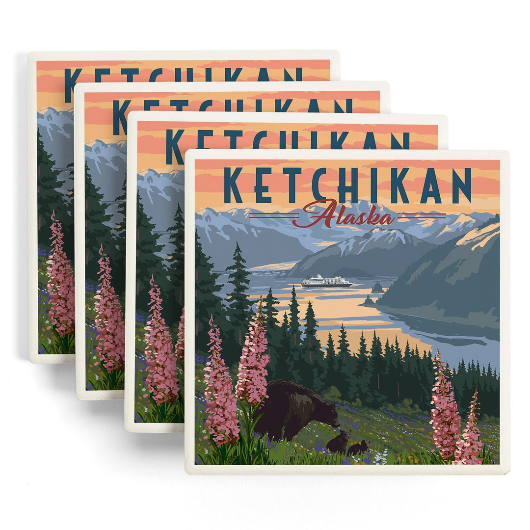 Ketchikan, Alaska, Inside Passage, Bear & Spring Flowers, Lantern Press Artwork, Coaster Set - Lantern Press