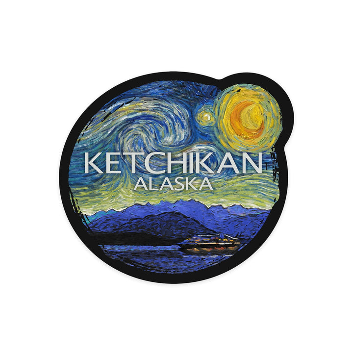 Ketchikan, Alaska, Inside Passage, Starry Night, Contour, Vinyl Sticker Sticker Lantern Press 