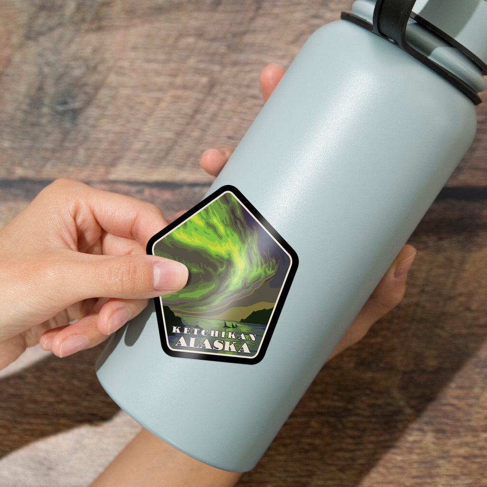 Ketchikan, Alaska, Northern Lights and Orcas, Contour, Vinyl Sticker - Lantern Press