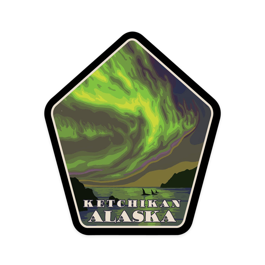 Ketchikan, Alaska, Northern Lights and Orcas, Contour, Vinyl Sticker - Lantern Press