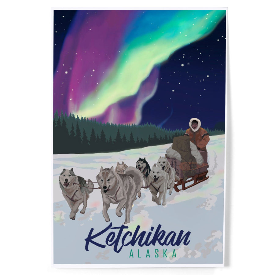 Ketchikan, Alaska, Northern Lights, Dog Sled, Art & Giclee Prints Art Lantern Press 