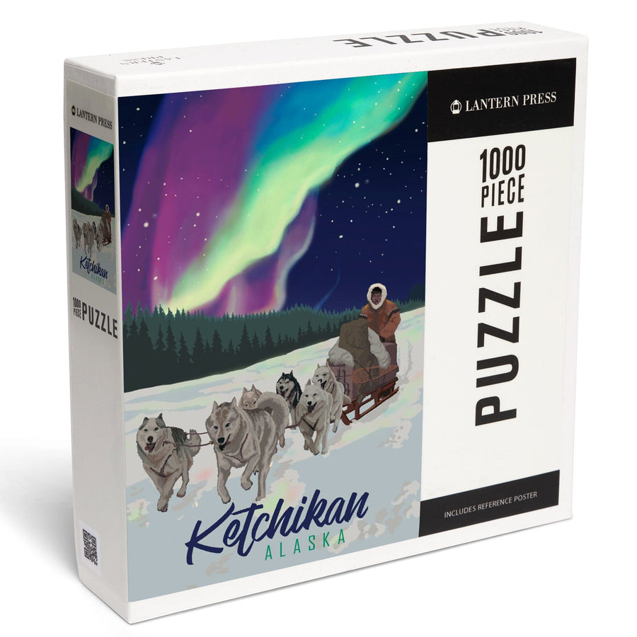 Ketchikan, Alaska, Northern Lights, Dog Sled, Jigsaw Puzzle Puzzle Lantern Press 