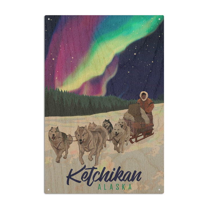 Ketchikan, Alaska, Northern Lights, Dog Sled, Lantern Press Artwork, Wood Signs and Postcards Wood Lantern Press 10 x 15 Wood Sign 