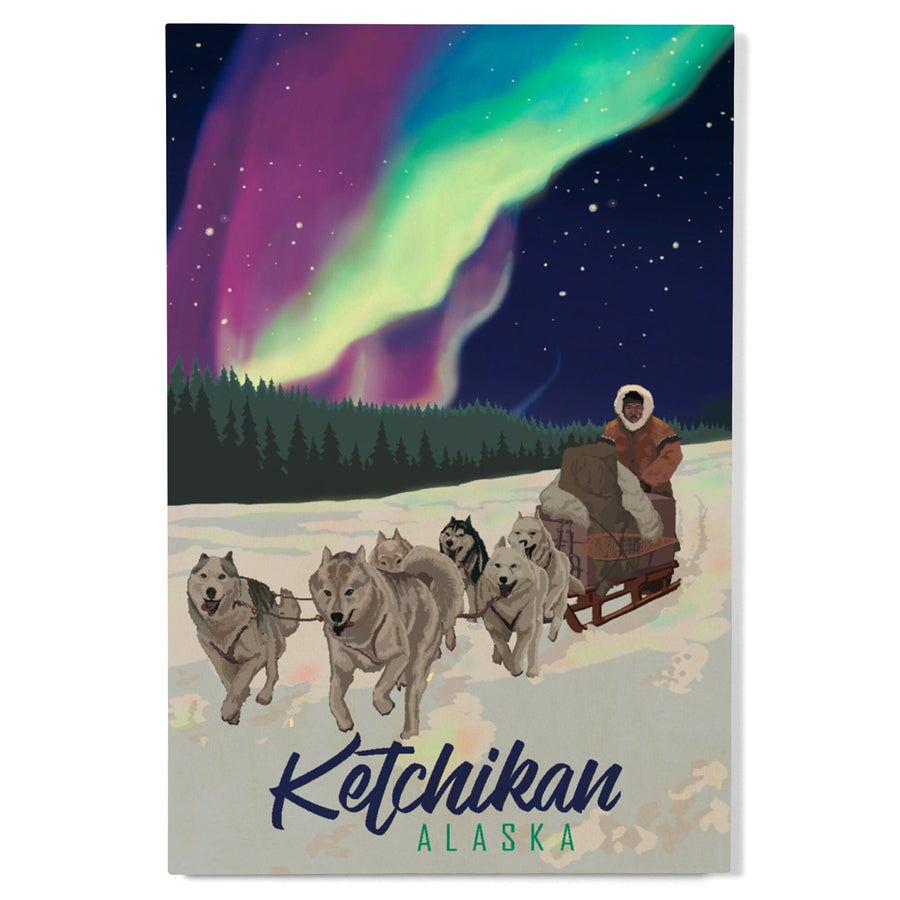 Ketchikan, Alaska, Northern Lights, Dog Sled, Lantern Press Artwork, Wood Signs and Postcards Wood Lantern Press 
