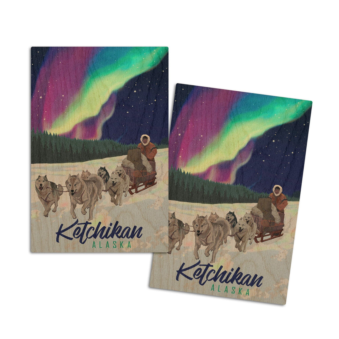 Ketchikan, Alaska, Northern Lights, Dog Sled, Lantern Press Artwork, Wood Signs and Postcards Wood Lantern Press 4x6 Wood Postcard Set 