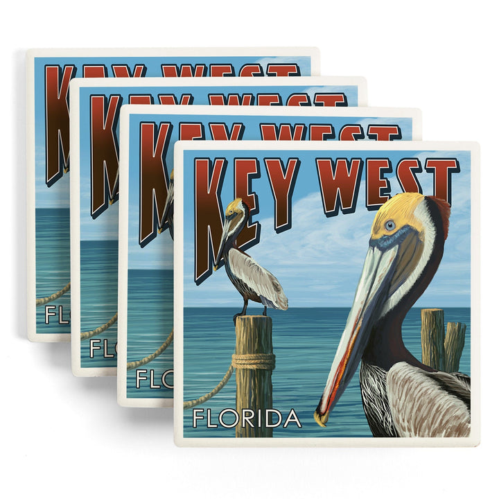 Key West, Florida, Brown Pelican, Lantern Press Artwork, Coaster Set - Lantern Press