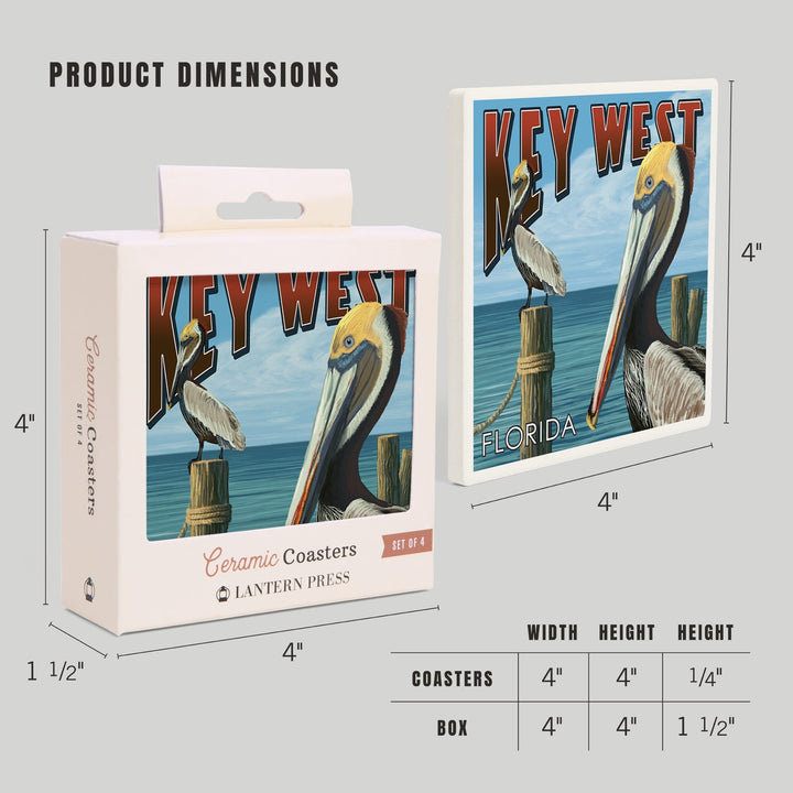 Key West, Florida, Brown Pelican, Lantern Press Artwork, Coaster Set - Lantern Press