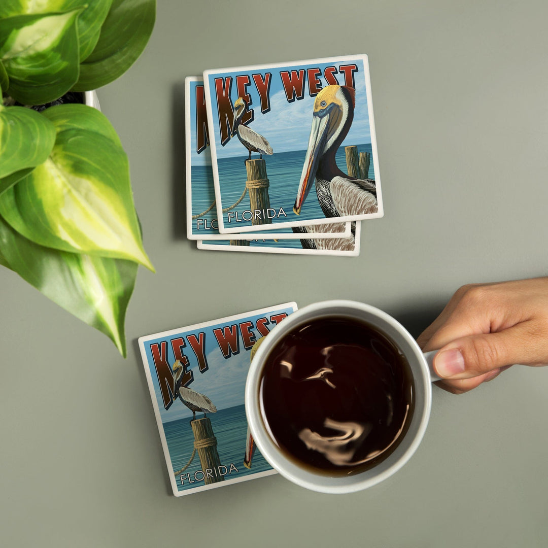 Key West, Florida, Brown Pelican, Lantern Press Artwork, Coaster Set - Lantern Press