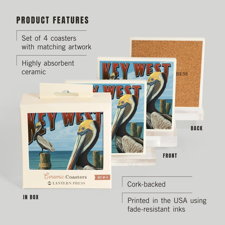 Key West, Florida, Brown Pelican, Lantern Press Artwork, Coaster Set - Lantern Press