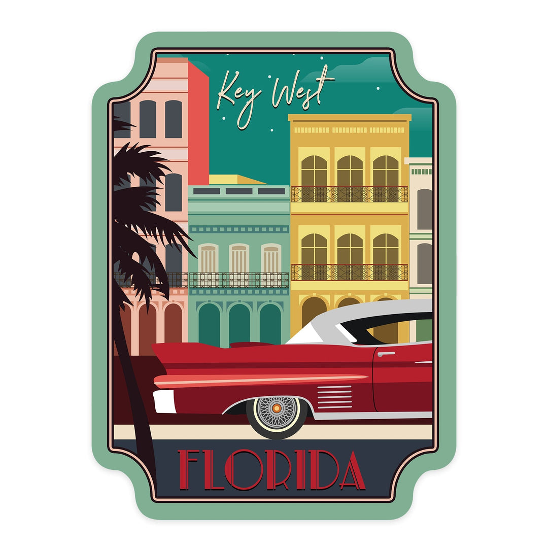 Key West, Florida, Buildings & Vintage Car, Vector, Contour, Lantern Press Artwork, Vinyl Sticker Sticker Lantern Press 
