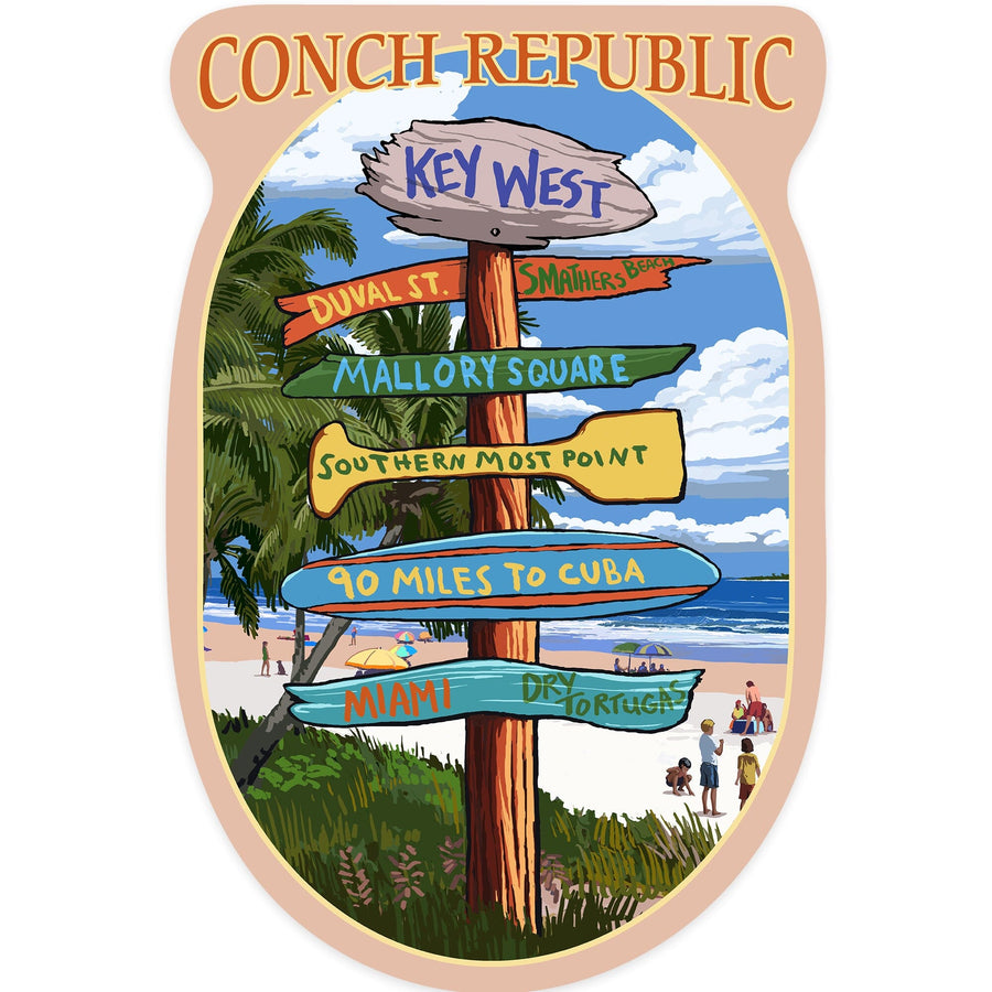 Key West, Florida, Conch Republic, Destination Signs, Contour, Lantern Press Artwork, Vinyl Sticker Sticker Lantern Press 