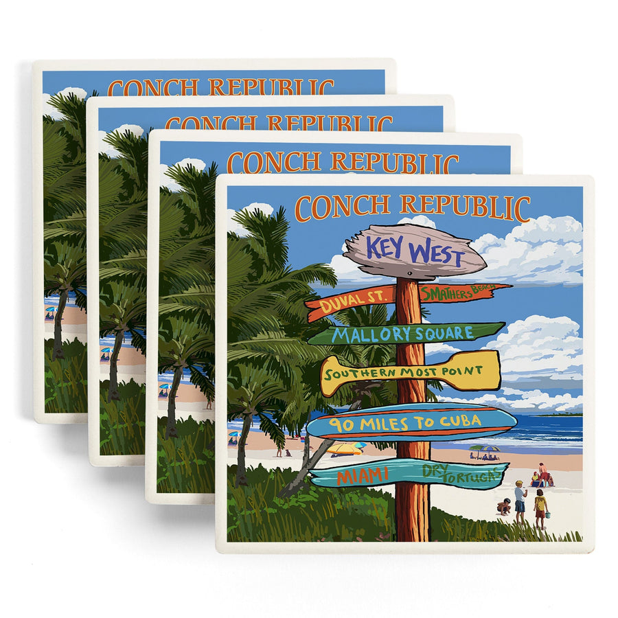 Key West, Florida, Conch Republic, Destinations Sign, Lantern Press Artwork, Coaster Set - Lantern Press