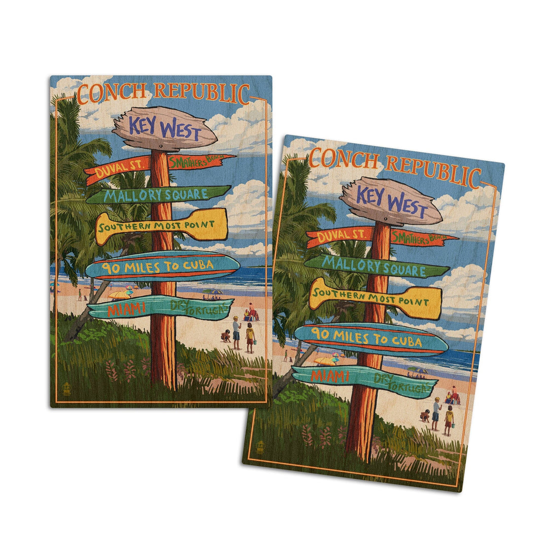 Key West, Florida, Conch Republic, Destinations Sign, Lantern Press Artwork, Wood Signs and Postcards Wood Lantern Press 4x6 Wood Postcard Set 