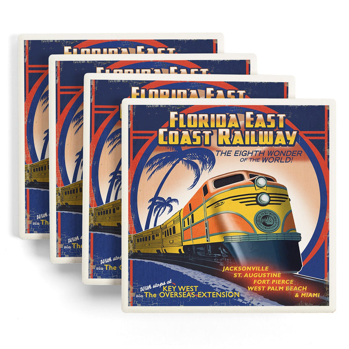 Key West, Florida, East Coast Railway, Lantern Press Artwork, Coaster Set - Lantern Press