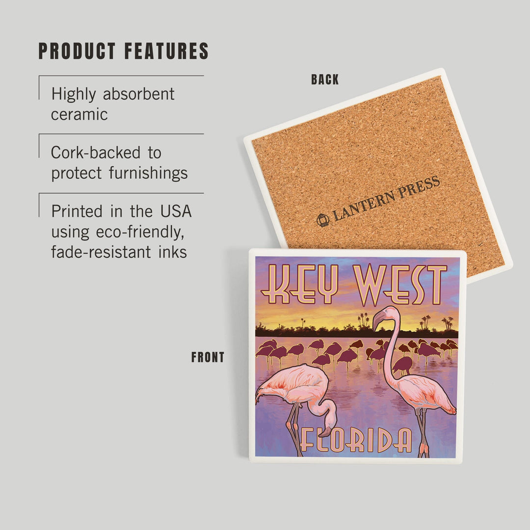 Key West, Florida, Flamingos at Sunset, Coasters Coasters Lantern Press 