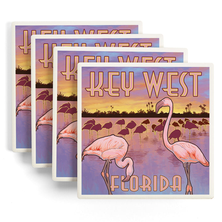 Key West, Florida, Flamingos at Sunset, Coasters Coasters Lantern Press 