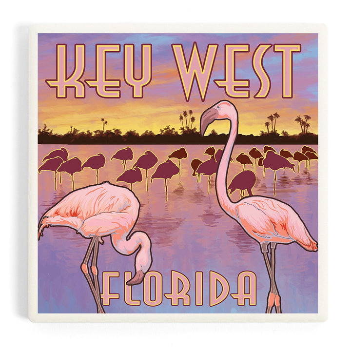 Key West, Florida, Flamingos at Sunset, Coasters Coasters Lantern Press 