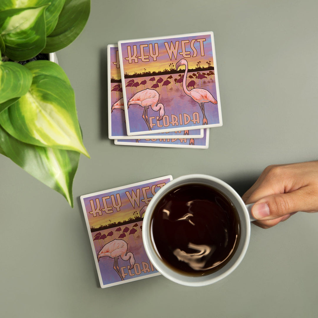 Key West, Florida, Flamingos at Sunset, Coasters Coasters Lantern Press 