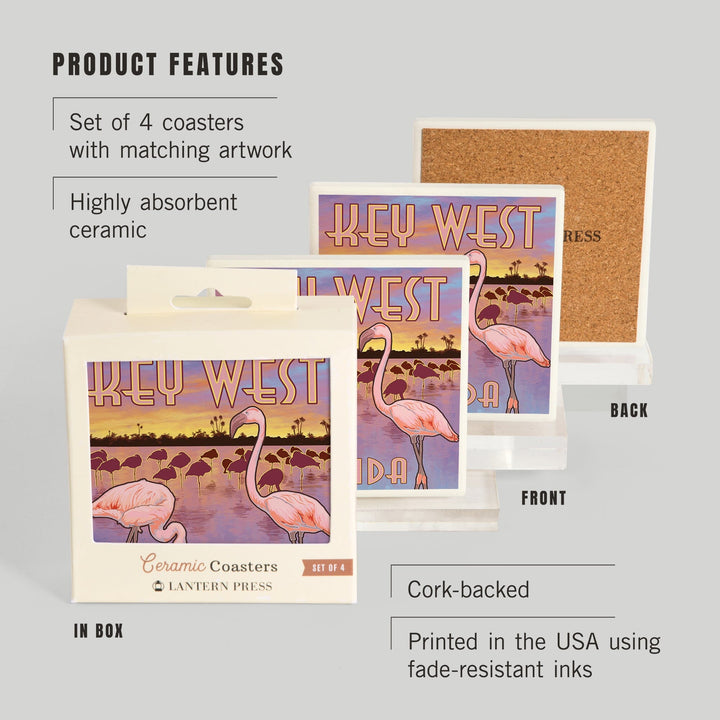 Key West, Florida, Flamingos at Sunset, Coasters Coasters Lantern Press 