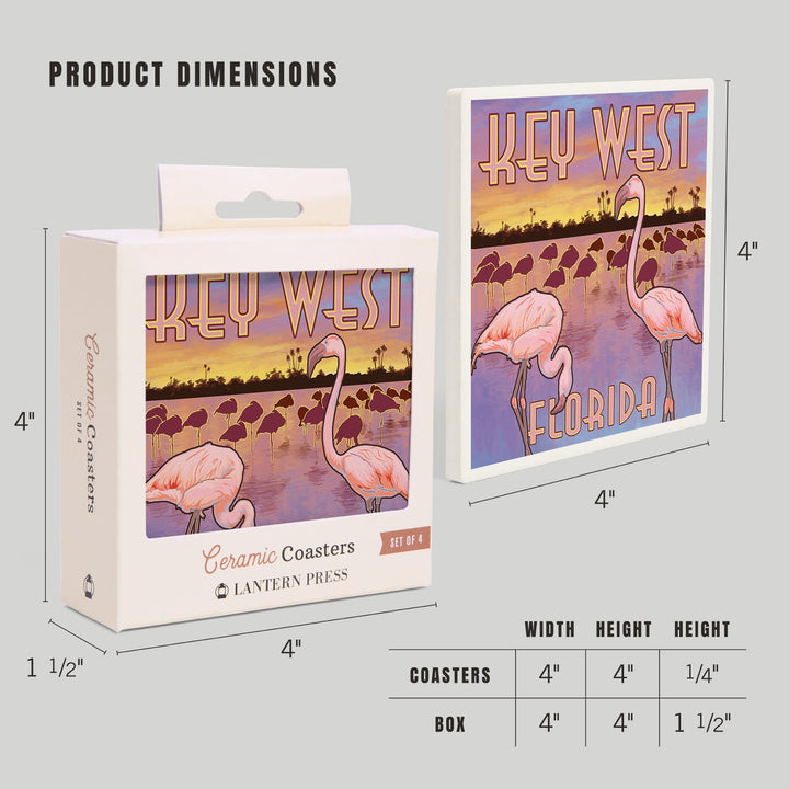 Key West, Florida, Flamingos at Sunset, Lantern Press Artwork, Coaster Set - Lantern Press