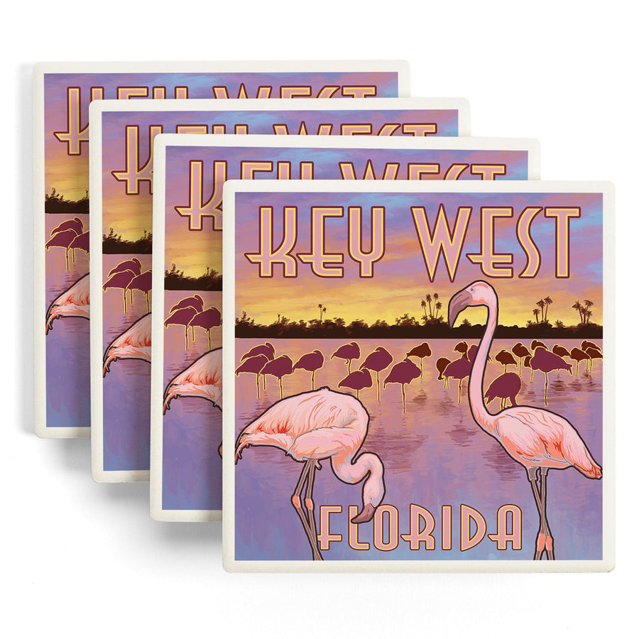 Key West, Florida, Flamingos at Sunset, Lantern Press Artwork, Coaster Set - Lantern Press