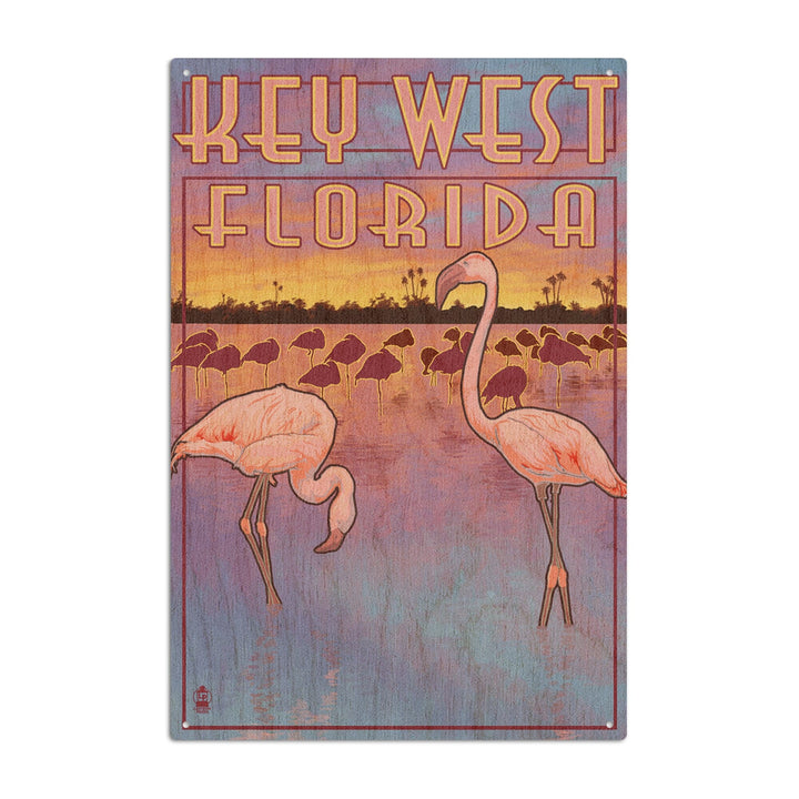 Key West, Florida, Flamingos at Sunset, Lantern Press Artwork, Wood Signs and Postcards Wood Lantern Press 10 x 15 Wood Sign 