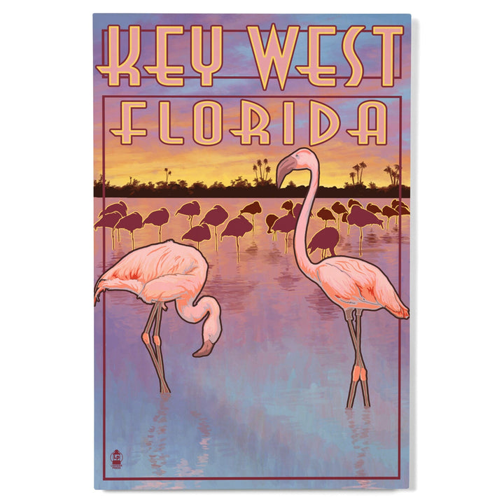Key West, Florida, Flamingos at Sunset, Lantern Press Artwork, Wood Signs and Postcards Wood Lantern Press 