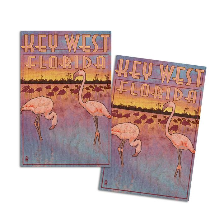 Key West, Florida, Flamingos at Sunset, Lantern Press Artwork, Wood Signs and Postcards Wood Lantern Press 4x6 Wood Postcard Set 