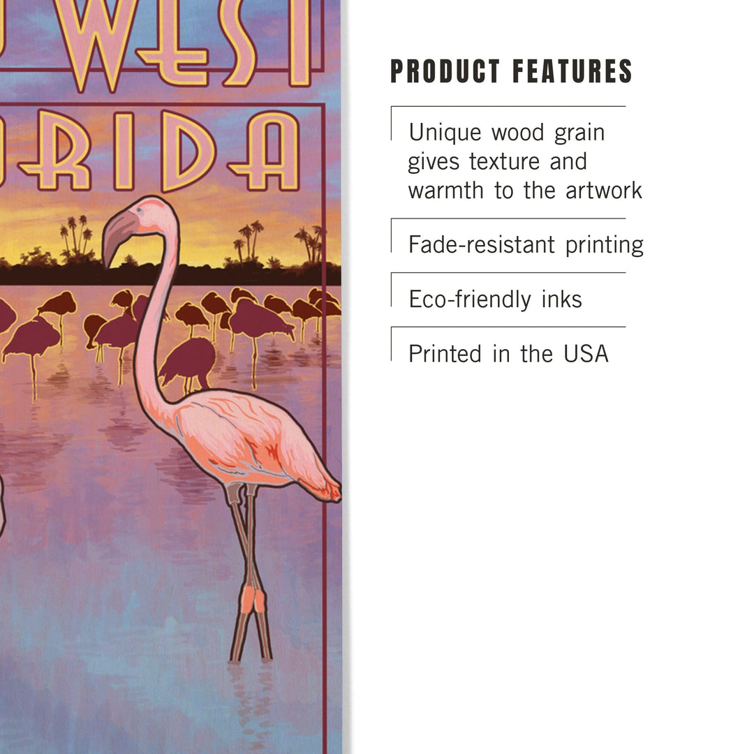 Key West, Florida, Flamingos at Sunset, Lantern Press Artwork, Wood Signs and Postcards Wood Lantern Press 