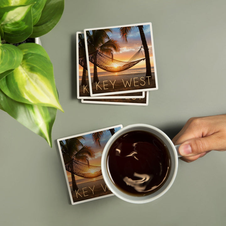 Key West, Florida, Hammock & Sunset, Lantern Press Photography, Coaster Set - Lantern Press