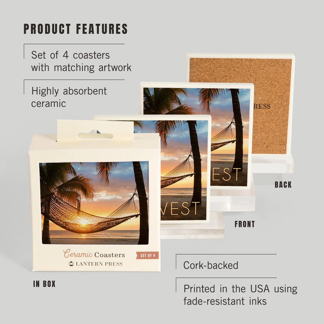 Key West, Florida, Hammock & Sunset, Lantern Press Photography, Coaster Set - Lantern Press