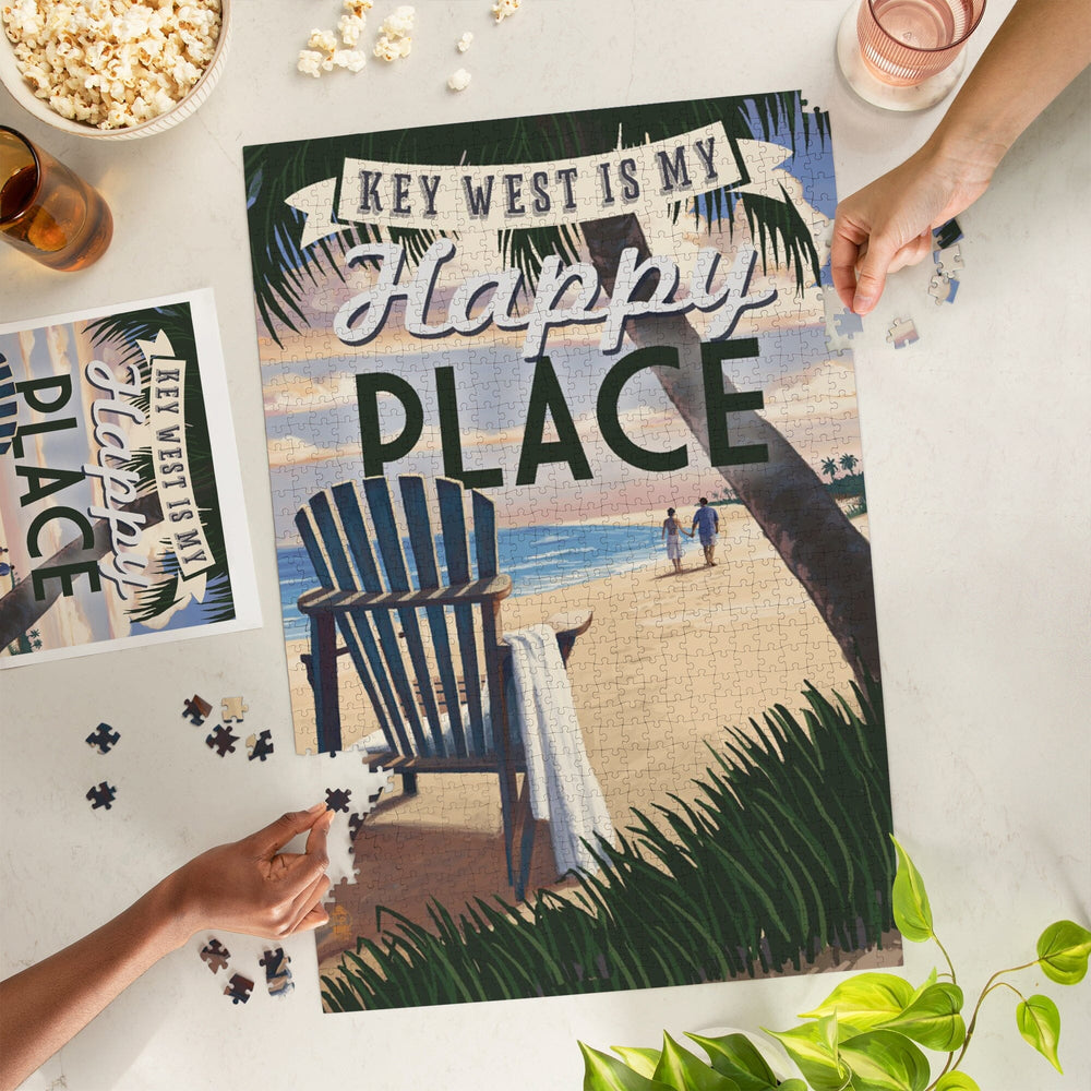 Key West, Florida is My Happy Place, Adirondack Chairs and Sunset, Florida, Jigsaw Puzzle Puzzle Lantern Press 