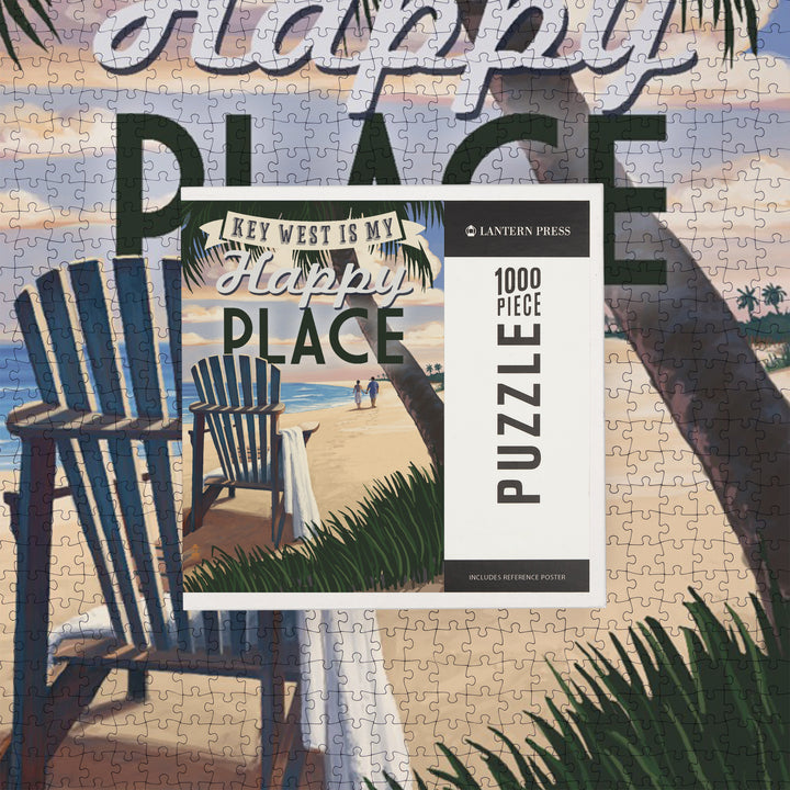 Key West, Florida is My Happy Place, Adirondack Chairs and Sunset, Florida, Jigsaw Puzzle Puzzle Lantern Press 