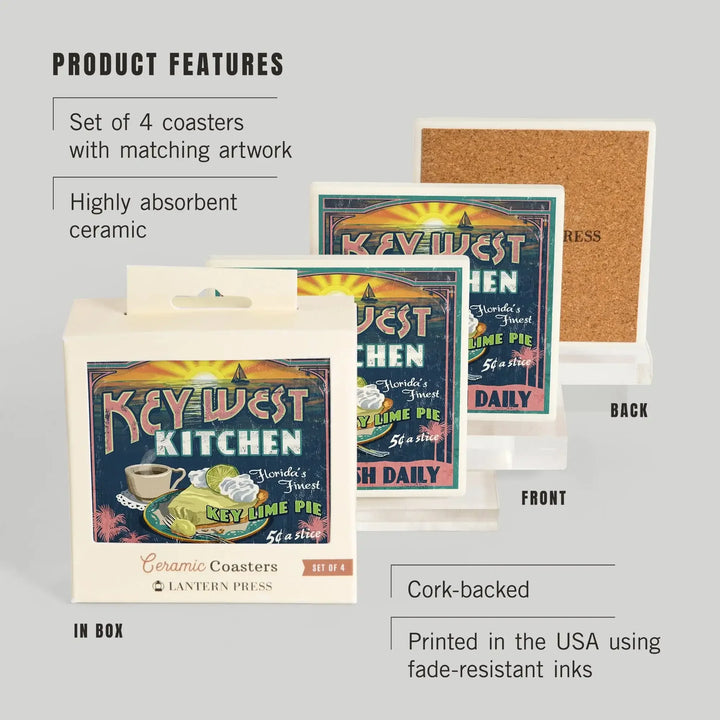 Key West, Florida, Key Lime Pie Vintage Sign, Coasters Coasters Lantern Press 
