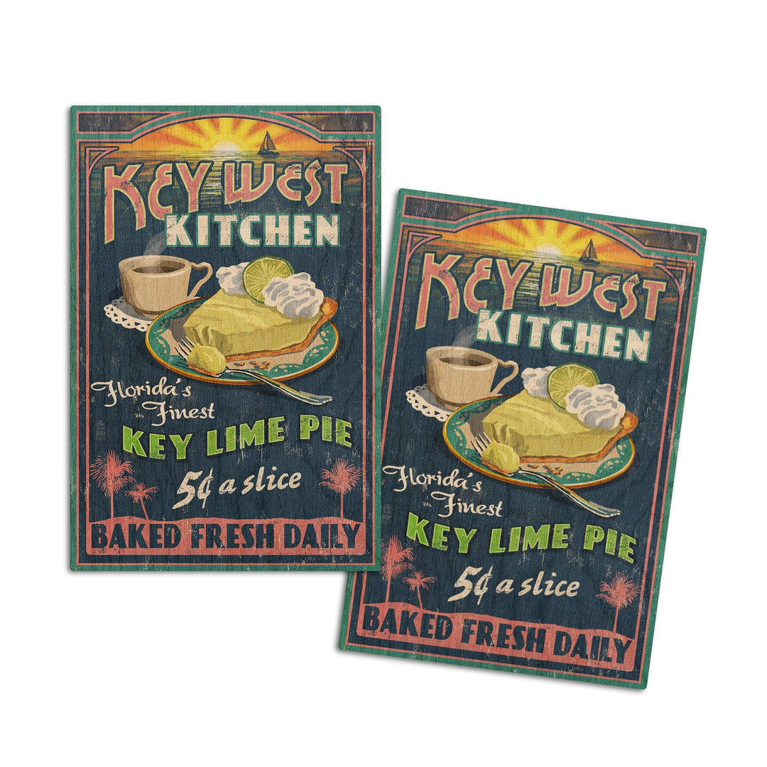 Key West, Florida, Key Lime Pie Vintage Sign, Lantern Press Artwork, Wood Signs and Postcards Wood Lantern Press 4x6 Wood Postcard Set 