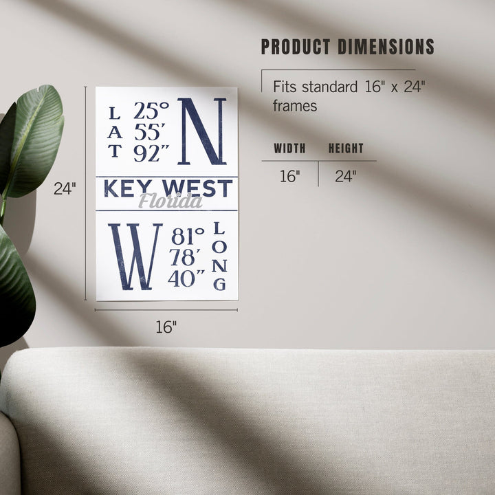 Key West, Florida, Latitude and Longitude (Blue), Art & Giclee Prints Art Lantern Press 