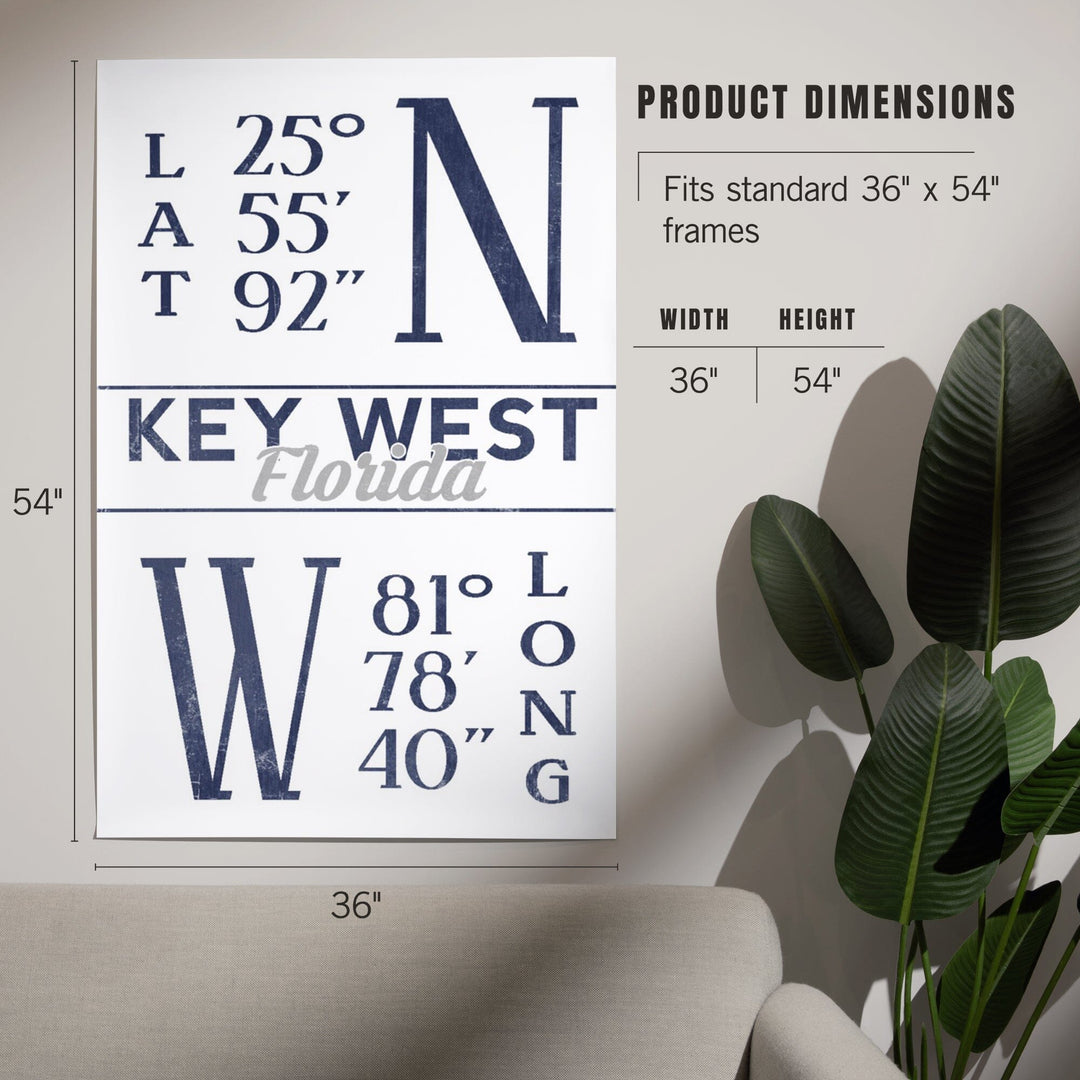 Key West, Florida, Latitude and Longitude (Blue), Art & Giclee Prints - Lantern Press