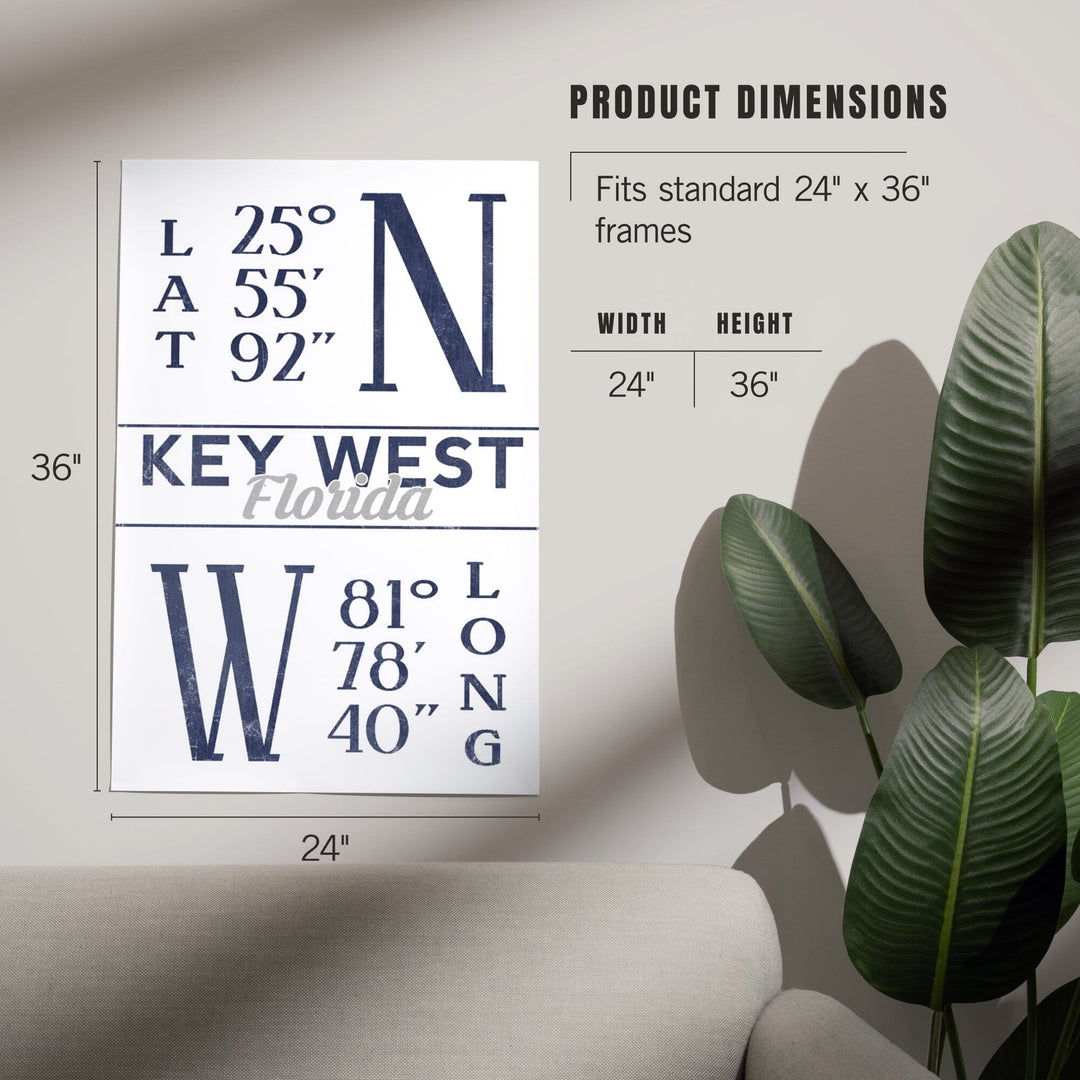 Key West, Florida, Latitude and Longitude (Blue), Art & Giclee Prints Art Lantern Press 