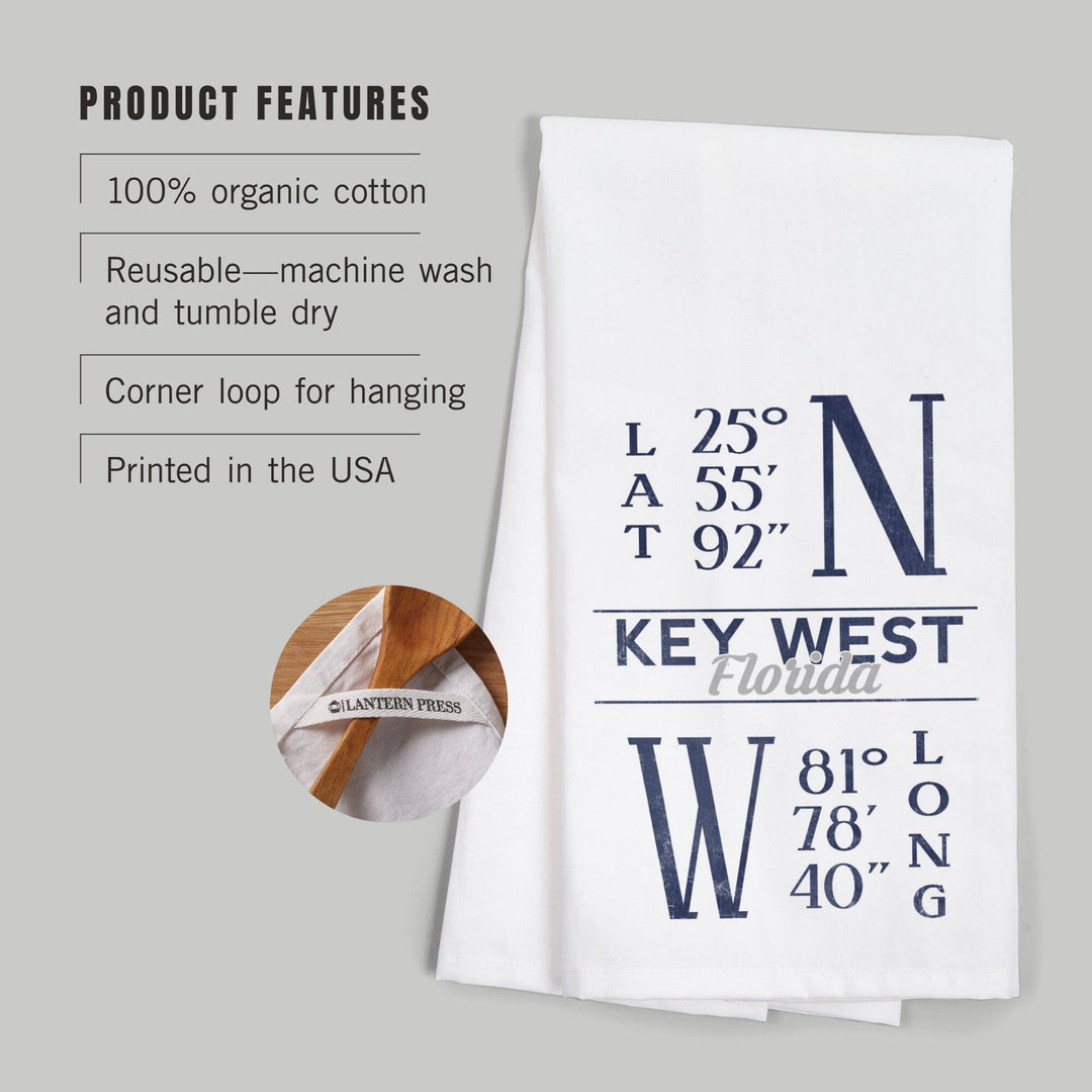 Key West, Florida, Latitude and Longitude (Blue), Organic Cotton Kitchen Tea Towels - Lantern Press