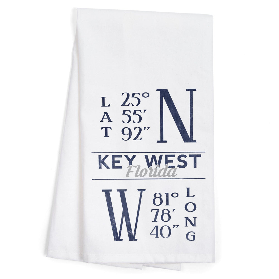 Key West, Florida, Latitude and Longitude (Blue), Organic Cotton Kitchen Tea Towels - Lantern Press