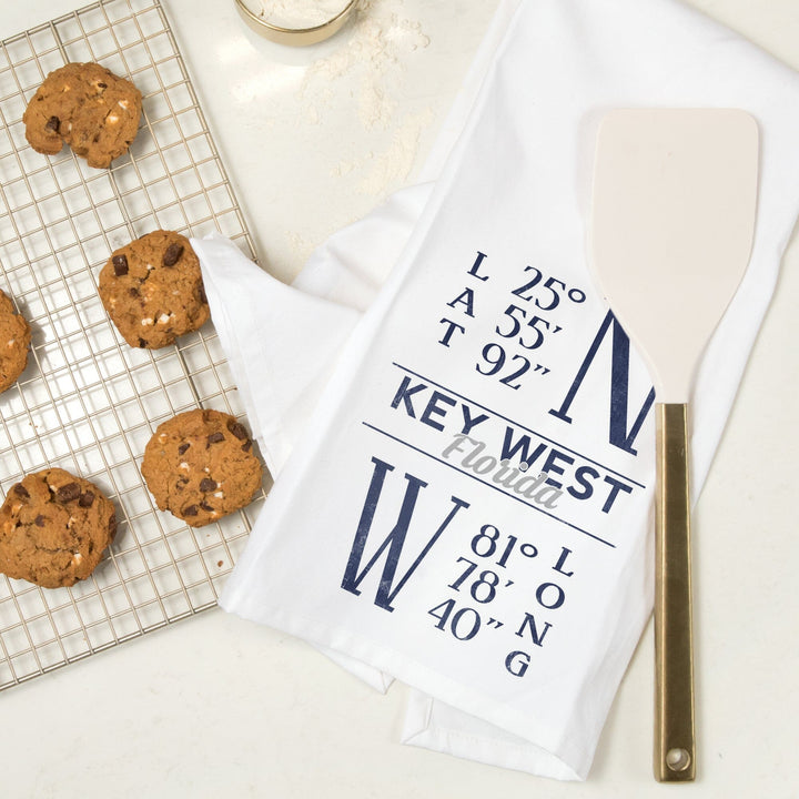 Key West, Florida, Latitude and Longitude (Blue), Organic Cotton Kitchen Tea Towels - Lantern Press