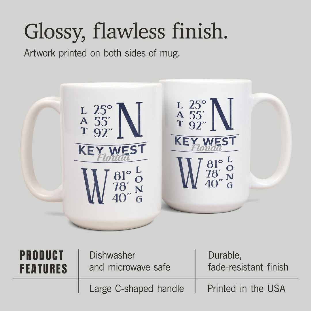 Key West, Florida, Latitude & Longitude (Blue), Lantern Press Artwork, Ceramic Mug Mugs Lantern Press 