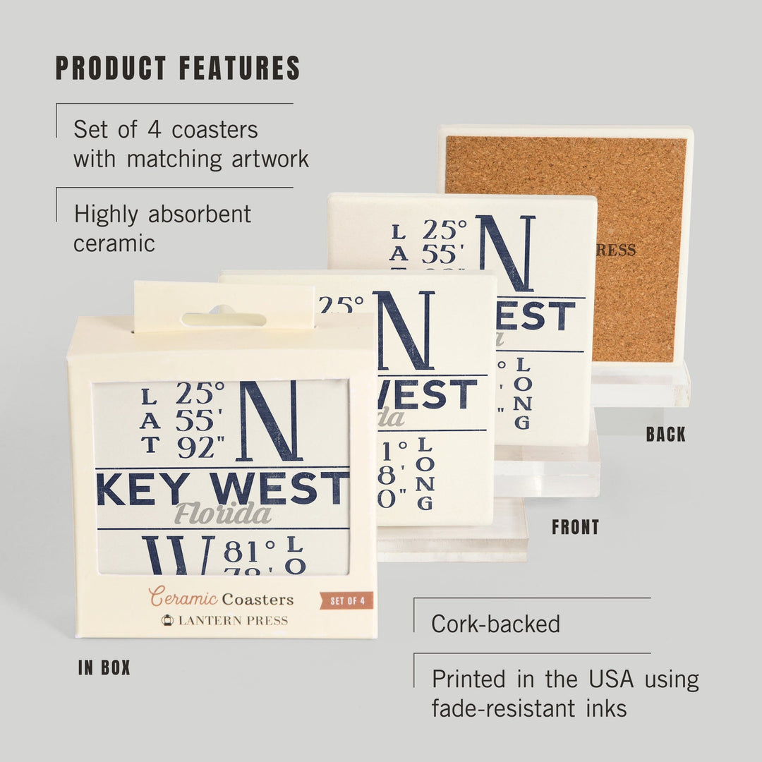 Key West, Florida, Latitude & Longitude (Blue), Lantern Press Artwork, Coaster Set - Lantern Press