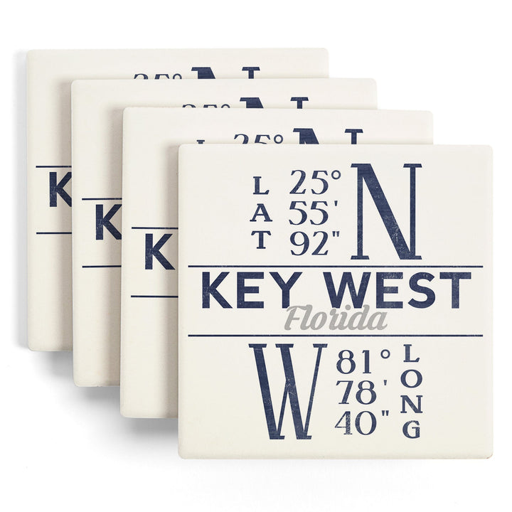 Key West, Florida, Latitude & Longitude (Blue), Lantern Press Artwork, Coaster Set - Lantern Press