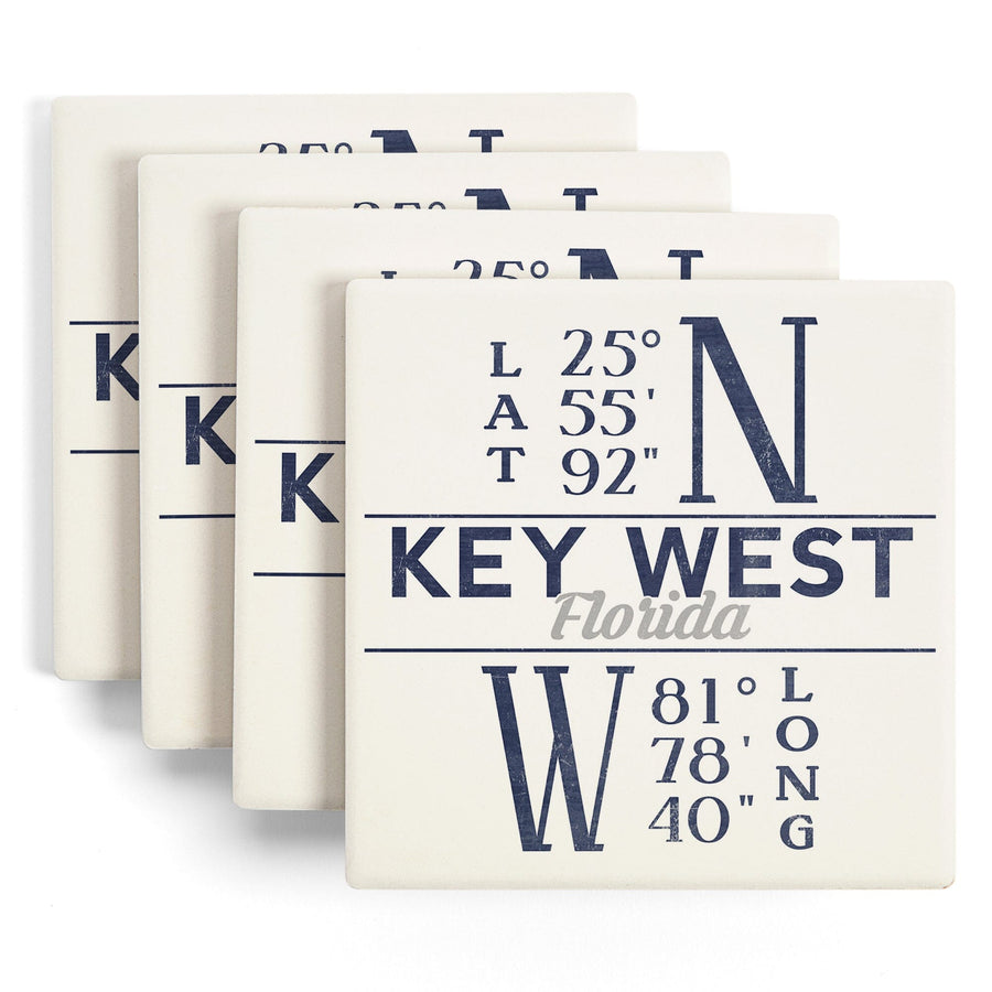 Key West, Florida, Latitude & Longitude (Blue), Lantern Press Artwork, Coaster Set - Lantern Press