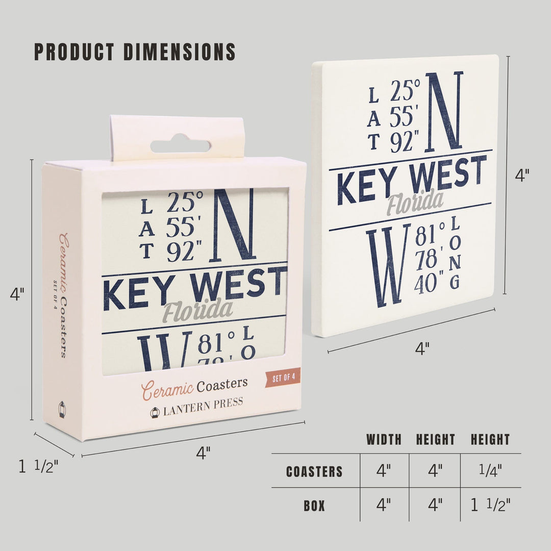 Key West, Florida, Latitude & Longitude (Blue), Lantern Press Artwork, Coaster Set - Lantern Press