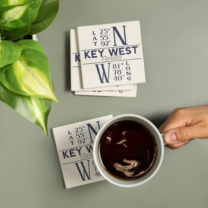 Key West, Florida, Latitude & Longitude (Blue), Lantern Press Artwork, Coaster Set - Lantern Press