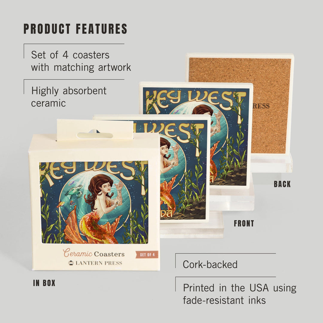 Key West, Florida, Mermaid, Coasters Coasters Lantern Press 