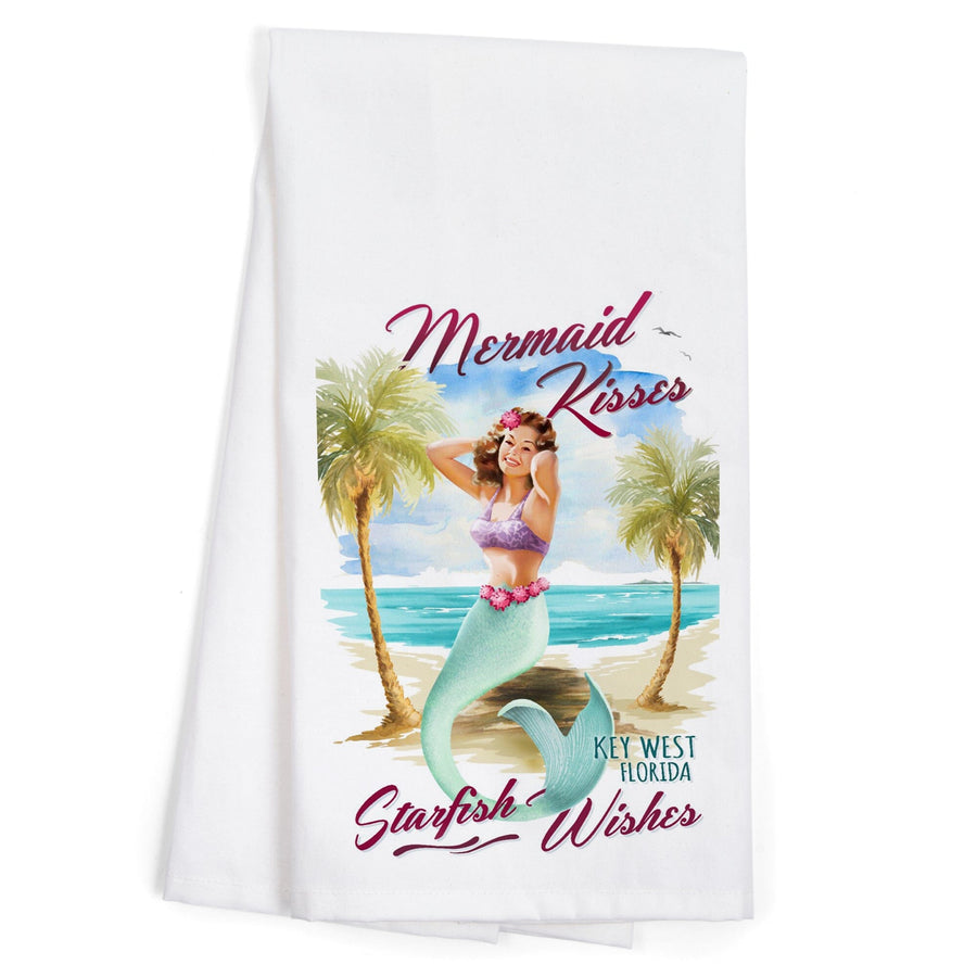Key West, Florida, Mermaid Kisses and Starfish Wishes, Watercolor, Organic Cotton Kitchen Tea Towels Kitchen Lantern Press 