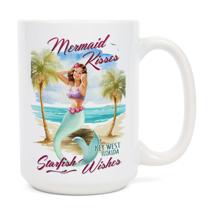 Key West, Florida, Mermaid Kisses & Starfish Wishes, Watercolor, Lantern Press Artwork, Ceramic Mug Mugs Lantern Press 